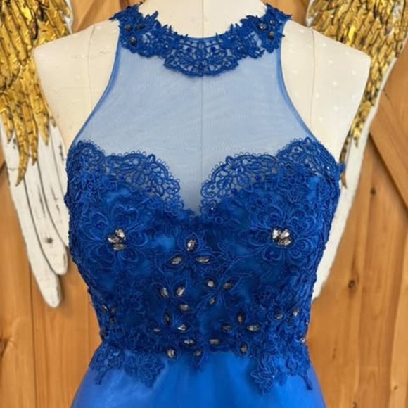 Dark blue with dark blue lace within neckline and ribs special occasion dress - Picture 6 of 7